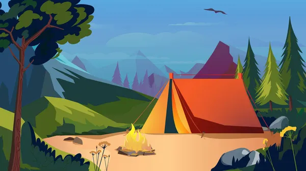Ночевка в палатках в лесу. Открытый отдых в палатке, горящий костер, зеленые деревья и растения в горном ландшафте. Туризм. Фон векторной иллюстрации в плоском дизайне мультфильма — стоковый вектор