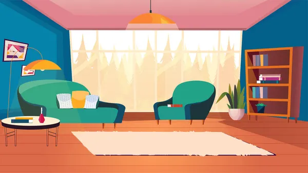 Gemütliche Abende im Wohnzimmer Innenraumkonzept. Wohnung mit Möbeln - Sofa und Sessel, Couchtisch, Bücherregal, riesiges Fenster mit Blick auf den Wald. Vektor-Illustration Hintergrund in flachem Cartoon-Design — Stockvektor