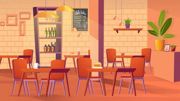 Restaurante concepto interior. Apartamento con muebles - mesas con sillas, bebidas y alimentos, mostrador, armario de botellas, decoración de la pared y plantas. Fondo de ilustración vectorial en diseño plano de dibujos animados — Archivo Imágenes Vectoriales