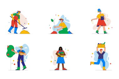 Mini konsept ya da simgelerden oluşan bahçe işleri. İnsanlar çiftlikte tırmıkla çalışıyor, tohum ekiyor, meyve ve sebze hasat ediyor, modern insan sahneleri. Web için düz tasarım vektör illüstrasyonuName