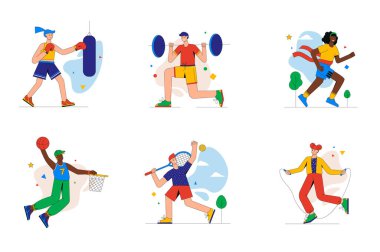 Mini konsept ya da ikonlar spor ve fitness seti. İnsanlar halter, boks, basketbol ya da tenis, maraton, ip atlama, modern insan sahnesi ile egzersiz yapıyorlar. Web için düz tasarım vektör illüstrasyonuName