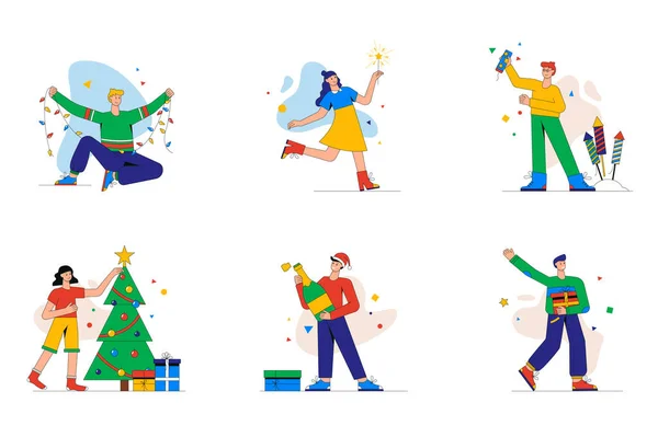 Vánoční oslavy sada mini koncept nebo ikony. Lidé zdobí stromeček hračkami, světlými jiskrami a ohňostrojem, pijí a dávají dárky, moderní osobnostní scéna. Vektorová ilustrace v plochém designu pro web — Stockový vektor