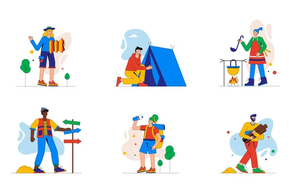 Conjunto de camping y senderismo de mini concepto o iconos. Personas descansando en la tienda de campaña, cocinar en la fogata, recoger leña, seguir la ruta en el mapa, escena persona moderna. Ilustración vectorial en diseño plano para web — Vector de stock