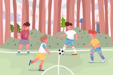 Şehir parkında futbol oynayan çocuklar. Erkekler koşar ve topa vurur, futbol maçı için egzersiz yapar. Ağaçlı ve binalı doğa manzarası. Düz çizgi film tasarımında vektör illüstrasyonu