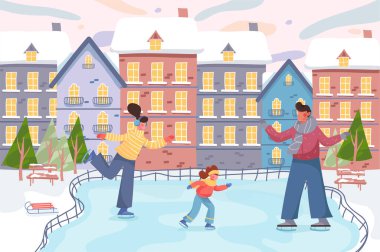 Şehrin arka planında kışın ve aile aktiviten kutlu olsun. Anne, baba ve kız şehir parkında paten kayıyorlar. Ağaçlı ve karlı binalı bir manzara. Düz çizgi film tasarımında vektör illüstrasyonu