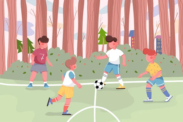 Kinderen die voetballen op het veld in het stadspark achtergrond. Jongens rennen en schoppen, trainen naar een voetbalwedstrijd. Natuurlandschap met bomen en gebouwen. Vector illustratie in platte cartoon ontwerp — Stockvector