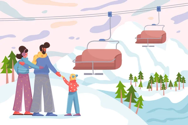 Familie im Skigebiet im winterlichen Hintergrund. Mutter, Vater und Tochter bereiten sich darauf vor, in den Sessellift zu steigen. Naturlandschaft mit Bäumen, Schneebergen, Seilbahn. Vektorillustration im flachen Cartoon-Design — Stockvektor