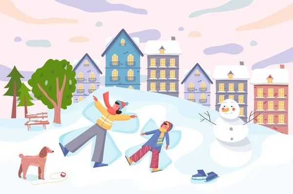 Frohe Winter und familiäre Aktivitäten im Hintergrund des Stadtbildes. Mutter und Tochter basteln Schneengel im Stadtpark. Landschaft mit Schneemenschen, Bäumen und verschneiten Gebäuden. Vektorillustration im flachen Cartoon-Design — Stockvektor