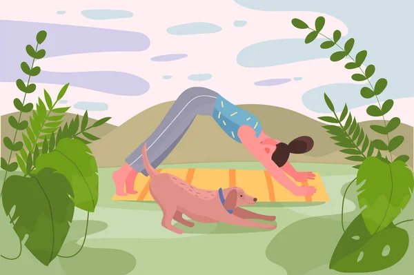 Yoga-Trainings im Freien Aktivität in der Natur Hintergrund. Frau praktiziert Yoga-Asanas mit süßem Hund. Landschaft mit abstraktem Himmel, grünen Hügeln und Blättern. Vektorillustration im flachen Cartoon-Design — Stockvektor