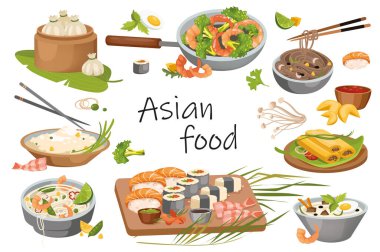 Asya gıda elementleri izole edildi. Hamur köftesi, erişte, pirinç, ramen çorbası, suşi, karides, kurabiye ve diğer geleneksel yemekler ve sokak yemekleri menüsü. Düz çizgi film tasarımında vektör illüstrasyonu
