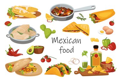 Meksika yemek elementleri izole edildi. Geleneksel yemek paketleri - burrito, taco, guacamole, et ve sebze yemekleri veya malzemeler, tekila ve diğerleri. Düz çizgi film tasarımında vektör illüstrasyonu