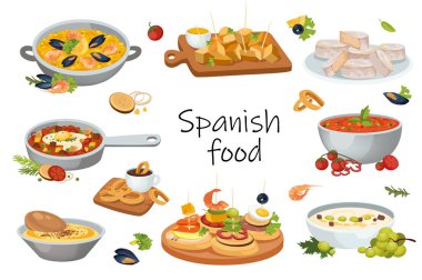İspanyol gıda elementleri izole edildi. Geleneksel yemek paketleri - paella, gazpacho, tortilla, churros, tapas, et ve sebze yemekleri veya malzemeler. Düz çizgi film tasarımında vektör illüstrasyonu