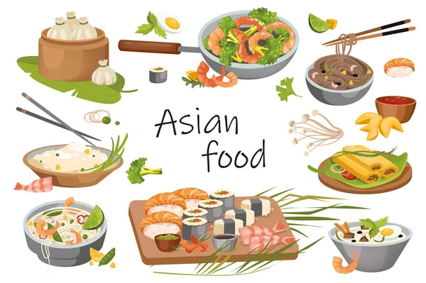 Asya gıda elementleri izole edildi. Hamur köftesi, erişte, pirinç, ramen çorbası, suşi, karides, kurabiye ve diğer geleneksel yemekler ve sokak yemekleri menüsü. Düz çizgi film tasarımında vektör illüstrasyonu