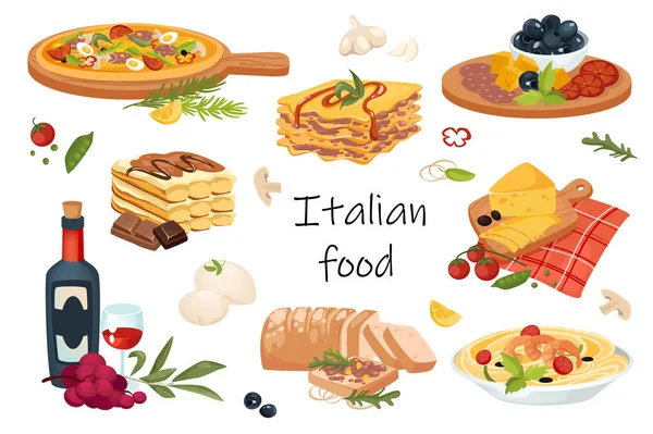 Elementos alimentares italianos conjunto isolado. Pacote de pratos tradicionais - pizza, lasanha, espaguete, azeitona, macarrão, queijo parmesão, vinho, sobremesas doces e outros. Ilustração vetorial em desenho animado plano — Vetor de Stock