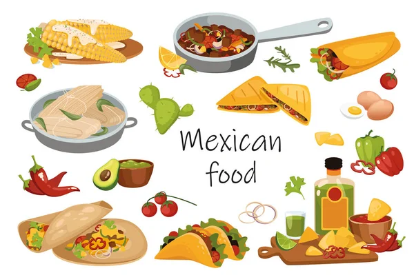 Meksika yemek elementleri izole edildi. Geleneksel yemek paketleri - burrito, taco, guacamole, et ve sebze yemekleri veya malzemeler, tekila ve diğerleri. Düz çizgi film tasarımında vektör illüstrasyonu