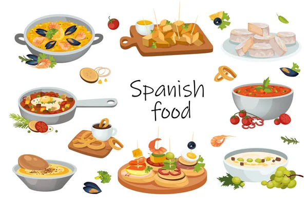 西班牙食物元素隔离。一束包的传统食物- -海鲜饭、番茄酱、玉米片、杂烩、木薯、肉类和蔬菜菜肴或配料。平面卡通设计中的矢量图解 — 图库矢量图片