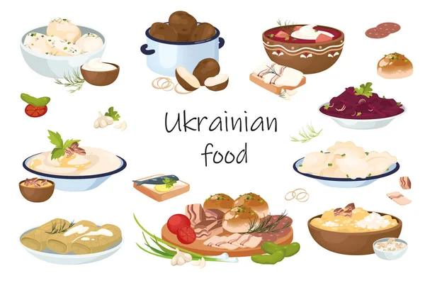 Ukrainian food elements isolated set. Bundle of traditional meals - borscht, dumplings, cabbage rolls, garlic donuts, bacon, corn porridge, vegetable dishes. Vector illustration in flat cartoon design — 图库矢量图片