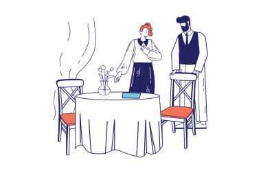 Lokanta konseptindeki insanlar web pankartı için düz çizgi tasarımı yapıyorlar. Kadın kafeye geldi, masaya oturdu ve modern insan sahnesinde garsonla konuştu. Çizgi biçiminde vektör illüstrasyonu