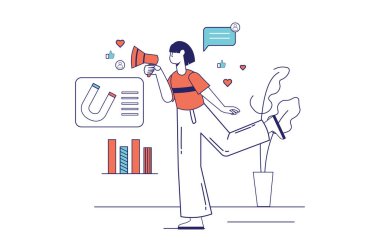 Web afişi için düz çizgi tasarımı pazarlama konsepti. Hoparlörü ve mıknatısı olan bir kadın yeni müşteriler çekiyor, online promosyon, modern insanlar sahnesi. Çizgi biçiminde vektör illüstrasyonu