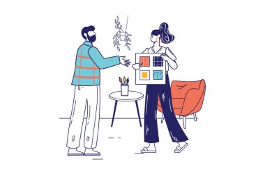 Web afişi için düz çizgi dizaynı olan stüdyo konsepti tasarla. Tasarımcı takımı renk paletini tartışıyor ve seçiyor. Proje üzerinde çalışan sanatçılar, modern insanlar sahnesi. Çizgi biçiminde vektör illüstrasyonu