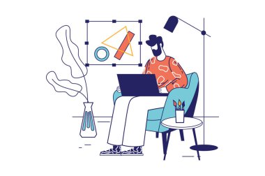 Web afişi için düz çizgi dizaynı olan stüdyo konsepti tasarla. Dizüstü bilgisayarda çalışan tasarımcı, proje için soyut unsurlar çiziyor, modern insanlar sahnesi. Çizgi biçiminde vektör illüstrasyonu