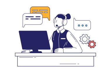 Web afişi için düz çizgi dizaynında çağrı merkezi kavramı. Kulaklıklı kadın operatör, telefonlara ve mesajlara cevap veriyor. Teknik destek, modern insanlar. Çizgi biçiminde vektör illüstrasyonu