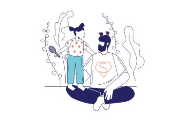 Web afişi için Babalar Günü konsepti düz çizgi tasarımı. Küçük kız en iyi baba için şirin saç stili yapıyor. Aile bayramı kutlar, modern insanlar sahnesi. Çizgi biçiminde vektör illüstrasyonu