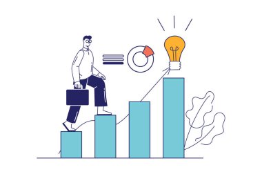 Web afişi için düz çizgi dizaynlı yeni iş konsepti. İş adamı stratejiyi analiz eder, yenilik yapar, yeni projeye yatırım yapar, modern insan sahnesi. Çizgi biçiminde vektör illüstrasyonu