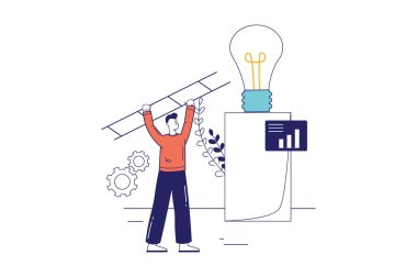 Web afişi için düz çizgi dizaynlı yeni iş konsepti. İnsan projeler için yeni fikirler üretir, iş kurar ve gelişir, modern insan sahnesi. Çizgi biçiminde vektör illüstrasyonu