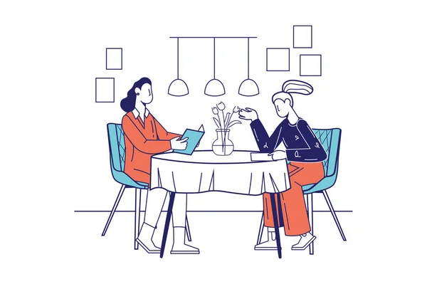 Люди в концепції ресторану в дизайні плоскої лінії для веб-банера. Жінки сидять за столом в кафе, вибирають страви з меню і розмовляють, сучасна сцена людей. Векторні ілюстрації в контурному графічному стилі — стоковий вектор