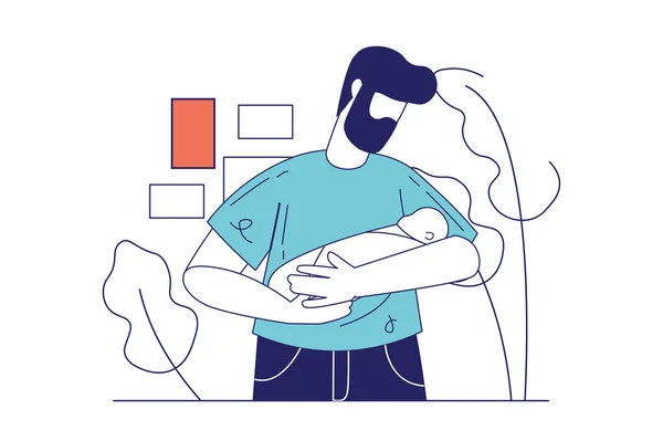 Gezin met pasgeboren concept in plat ontwerp voor webbanner. Vader houdt en knuffelt baby, ouderschap, kinderopvang en jeugd moderne mensen scene. Vector illustratie in grote lijnen grafische stijl — Stockvector