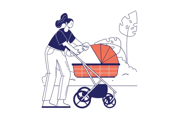 Gezin met pasgeboren concept in plat ontwerp voor webbanner. Moeder zet haar baby in een kinderwagen voor wandelen in het park, het moederschap moderne mensen scène. Vector illustratie in grote lijnen grafische stijl — Stockvector
