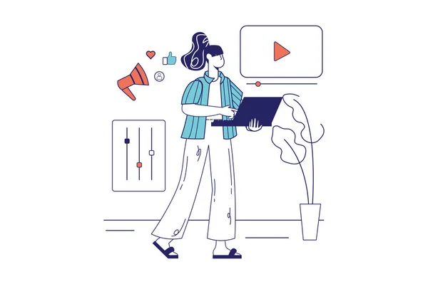Web afişi için düz çizgi tasarımı pazarlama konsepti. Kadın reklam kampanyası ve video içeriği yapıyor, çevrimiçi iş tanıtımı, modern insan sahnesi. Çizgi biçiminde vektör illüstrasyonu