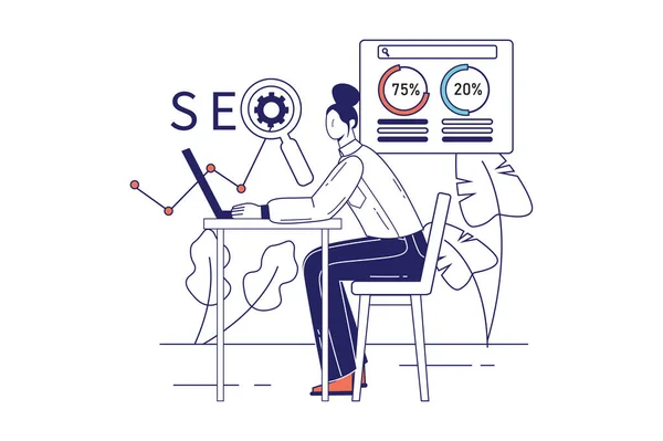 SEO 개념은 웹 배너를 위한 플랫 라인 디자인이다. 여성은 검색 결과와 웹 사이트 순위, 최적화 및 개발, 현대 사람들의 장면을 분석 한다. 골자 그래픽으로 된 벡터 일러스트 — 스톡 벡터