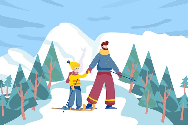 Father and son skiing at ski resort in landscape background. Dad and son spend time together doing active sports in snowy mountains view. Natural scenery. Vector illustration in flat cartoon design — Stock Vector