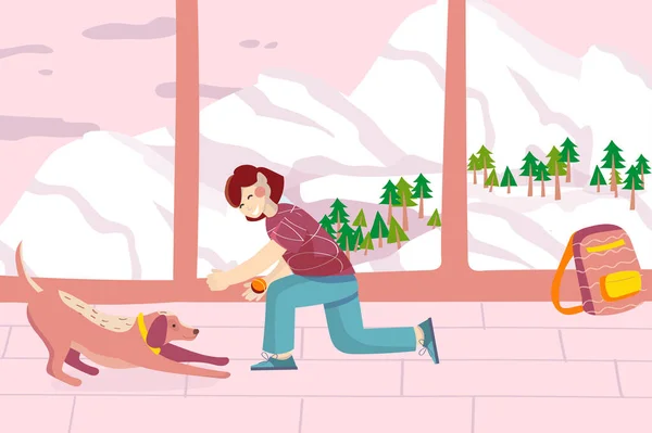 Happy girl playing with dog on at home with nature background. Schoolgirl has fun and trains with pet by huge window with mountains and fir forest view. Vector illustration in flat cartoon design — Stockvektor