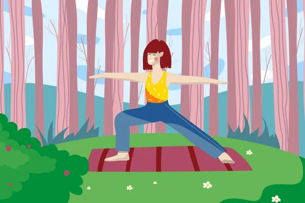 Frau macht Asanas beim Yoga-Kurs in der Natur im Hintergrund. Junge Frau, die Yoga praktiziert, posiert auf Matte auf grünem Rasen im Wald. Naturkulisse im Spring Park. Vektorillustration im flachen Cartoon-Design — Stockvektor