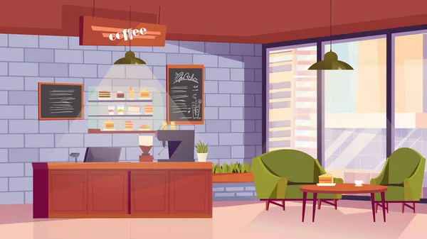 Coffee cafe interior concept in flat cartoon design. Modern room with huge window, sofa and armchair, table, counter, cafeteria menu, desserts, coffee machine and other. Vector illustration background — Stockvektor