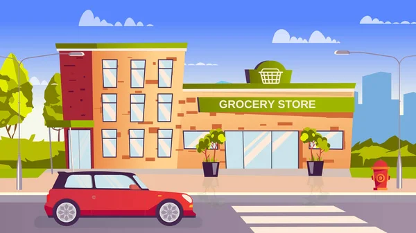 Élelmiszerbolt koncepció lapos rajzfilm design. A bolt boltja az utcán van, az autó az út mentén halad. Élelmiszer vásárlás a szupermarketben modern városkép. Vektor illusztrációs háttér — Stock Vector