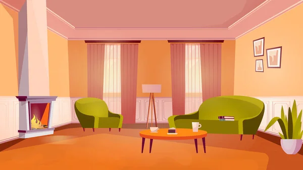 Nappali belső koncepció lapos rajzfilm design. Hangulatos szoba bútorokkal és dekorációval. Apartman kanapéval, fotellel, kandalló, dohányzóasztal, házi növény, ablakok. Vektor illusztrációs háttér — Stock Vector