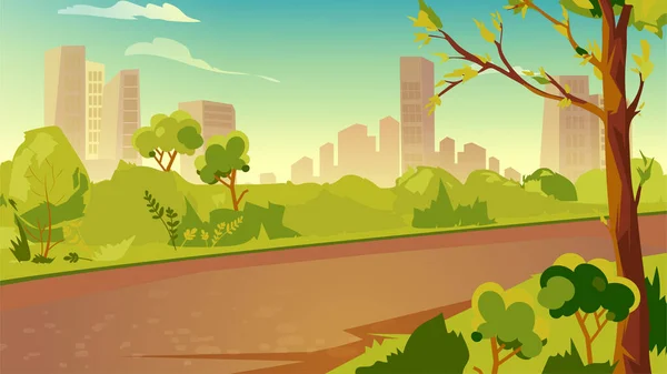 Walking path in city park concept in flat cartoon design. Pathway along green bushes, grass and trees with foliage, skyscrapers on horizon. Public place landscape. Vector illustration background — Stock Vector