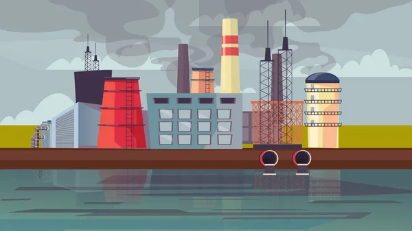 Toxic pollution from factory concept in flat cartoon design. Industrial plant view, dirty production with emissions of gases smoke from pipes scenery. Urban cityscape. Vector illustration background — Vetor de Stock