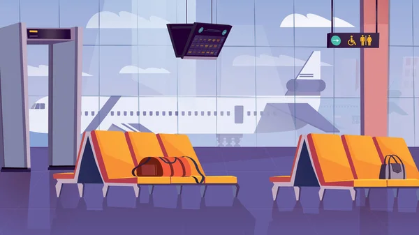 Salle d'attente à l'aéroport concept intérieur en dessin animé plat. Chambre avec mobilier et grande fenêtre avec vue sur l'avion. Sièges passagers, bagages, panneaux d'information, porte. Illustration vectorielle arrière plan — Image vectorielle