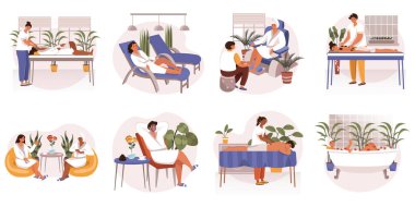 Spa salon web concept in flat design. Clients resting and receive massage, facial masks, body and face skin care, aromatherapy procedure and drinking tea, modern people scene. Vector illustration.