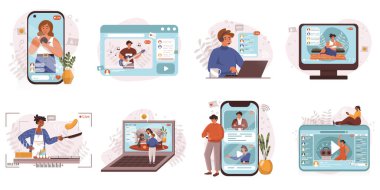 Video streaming web concept in flat design. Men and women making online broadcasts for blogs, communicate with followers, recording video content, blogging modern people scene. Vector illustration.