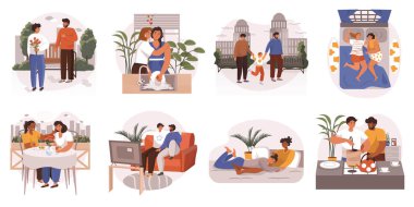 LGBTQ insanlar web tasarımı düz tasarım. Mutlu homoseksüel lezbiyen ya da eşcinsel çiftler ve aileler birlikte zaman geçiriyorlar, çıkıyorlar, yürüyorlar, yemek pişiriyorlar, uyuyorlar, sarılıyorlar ve diğer modern sahneler. Vektör illüstrasyonu.