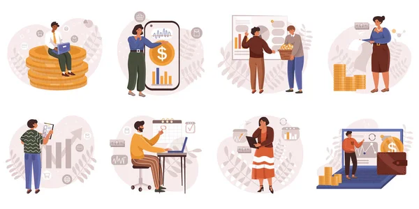 People analyzing budget web concept in flat design. Men and women calculation of financial data, develop strategy of income and expenses, accounting and saving money modern scene. Vector illustration. — Vector de stock