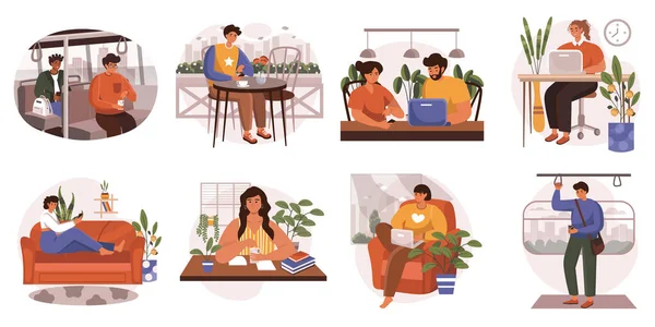 People sit in gadgets web concept in flat design. Men and women browsing at smartphones and laptops at home or outdoor. Online communication and internet addiction modern scene. Vector illustration. — стоковый вектор