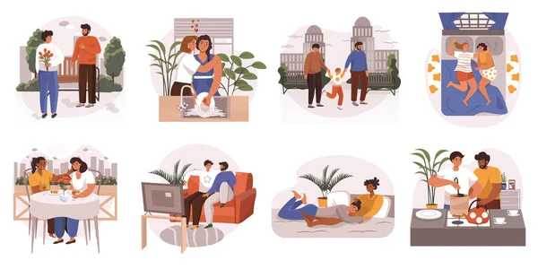 LGBTQ people web concept in flat design. Happy homosexual lesbian or gay couples and families pastime together, dating, walking, cooking, sleeping, hugging and other modern scene. Vector illustration. — стоковый вектор
