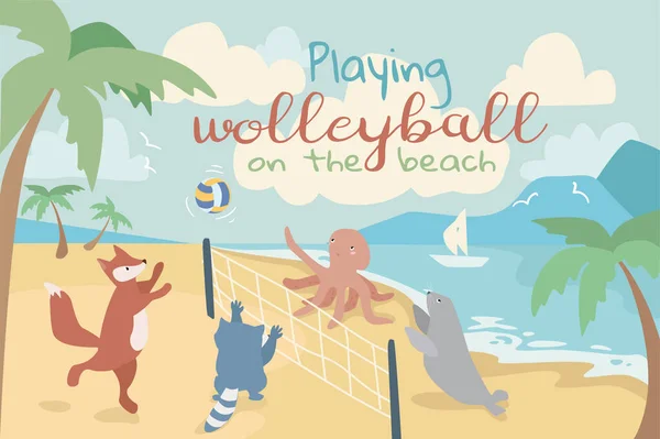 Животные играют в волейбол концепция фона. Лиса, енот, осьминог и тюлень бросают мяч через сетку на пляже возле моря. Симпатичная команда питомцев, играющая на открытом воздухе. Векторная иллюстрация в плоском рисунке — стоковый вектор